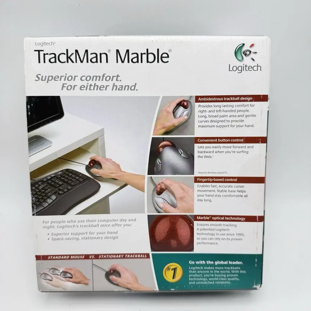 Logitech TrackMan Marble Trackball Mouse 910-000806 Wired USB PS/2 New Sealed